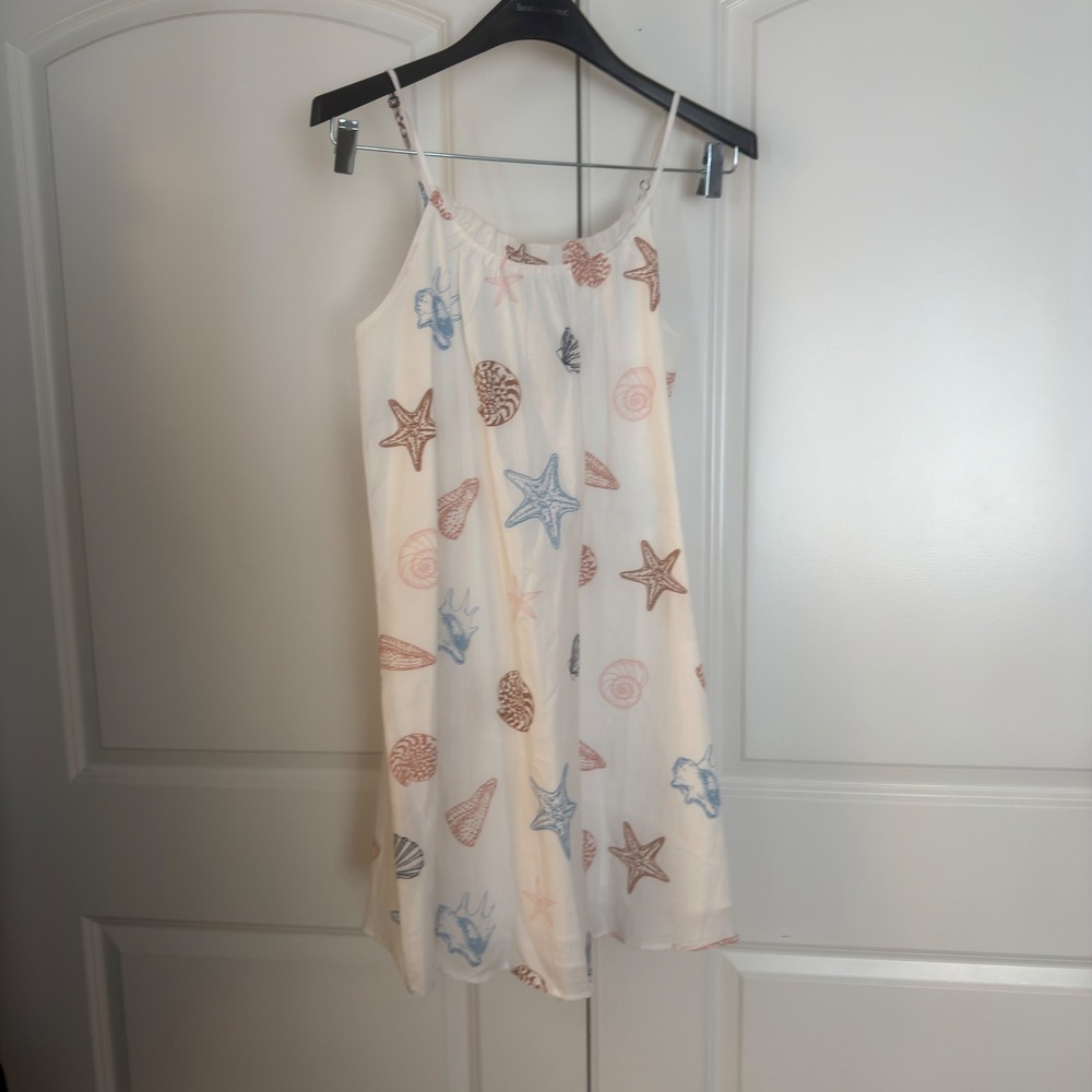 LOFT Women White Seashell Starfish Print Sleeveless Shift Dress NWT Small Petite